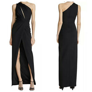 Halston Celeste Pleated One Shoulder Gown Black Maxi Sleeveless Slit Zip 12 New